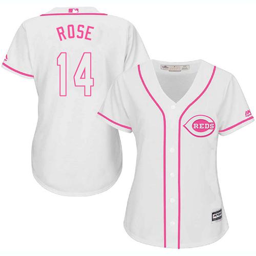 Reds #14 Pete Rose White/Pink Fashion Women's Stitched MLB Jersey